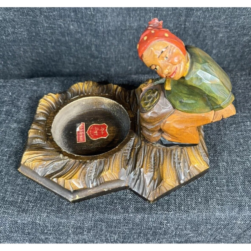 Rhon Sepp Vintage Ash Tray Wood Carving Of Man Pooping Made In Germany